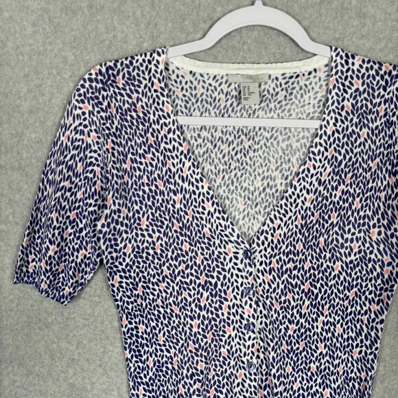 H&M Cardigan Sweater XS Blue Pink Leaf Print Cotton‎ Modal Soft Girl Coquette - Picture 2 of 10